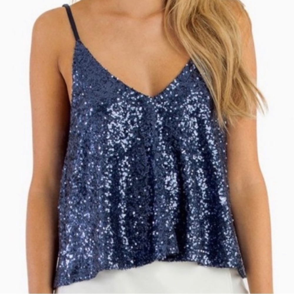 TOBI Navy Blue V-Neck Scoop Back Sequin Top Size Small